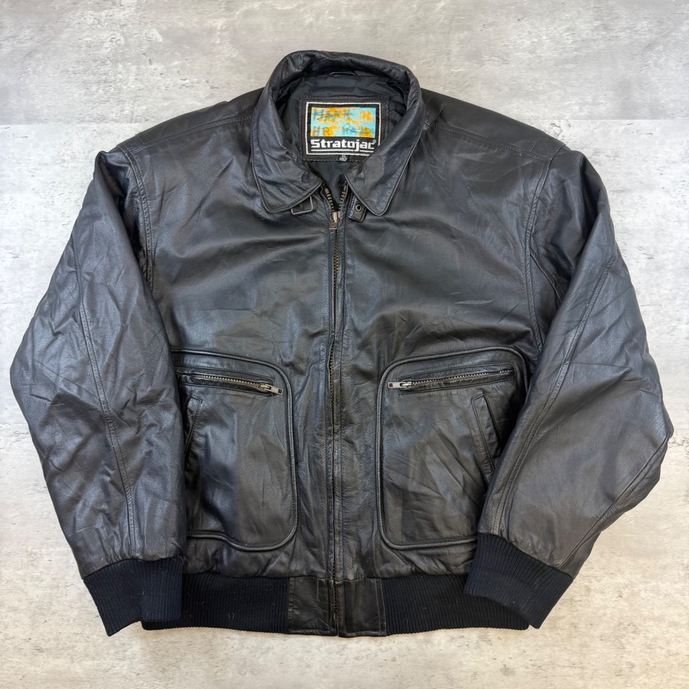 Stratojac Mens XL Black Leather Bomber Jacket Vintage Zip Up Aviator Coat